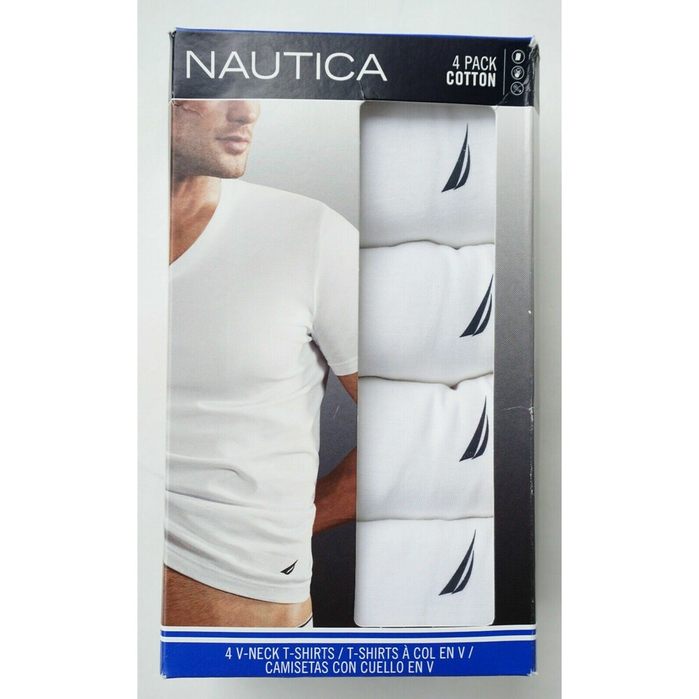 NAUTICA Mens 4-Pack WHITE T-Shirts V-Neck Shirts 100% Cotton Size S NEW